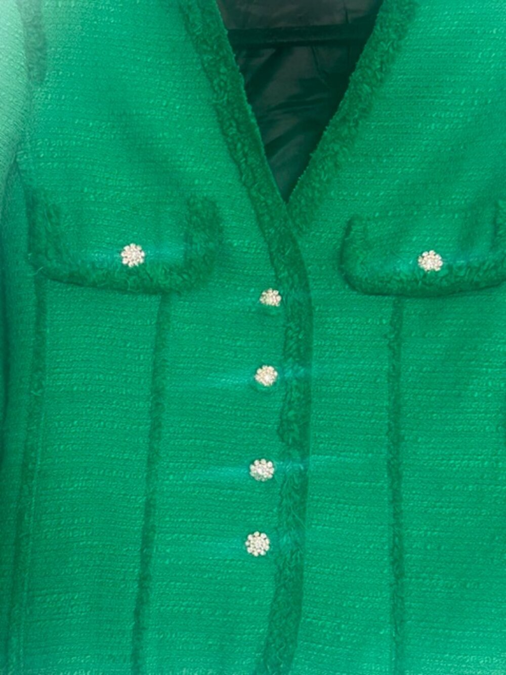Zara Lush Green Tweed Jeweled Rhinestone Buttons Raw Fringe Trim Lined Jacket - Picture 7 of 16